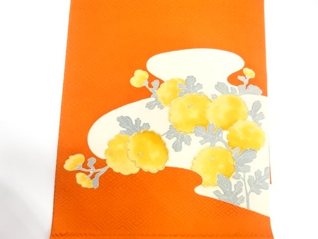  アンティーク　万寿菊模様刺繍開き名古屋帯（額縁仕立て）